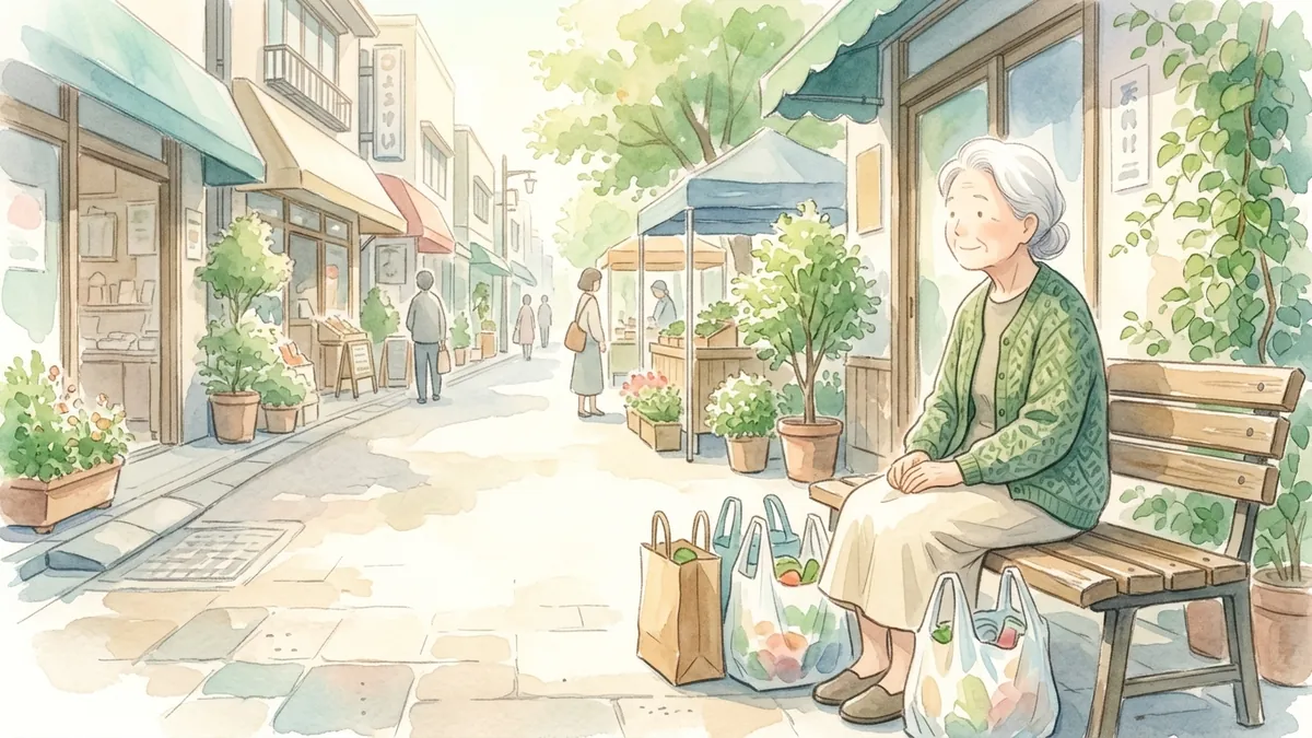 買い物の途中、商店街のベンチで高齢の女性がひと休みしている水彩画