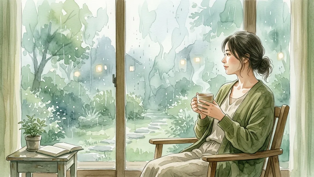 雨の降る庭を望む窓辺で、女性が温かい飲み物を手に静かに座っている水彩画