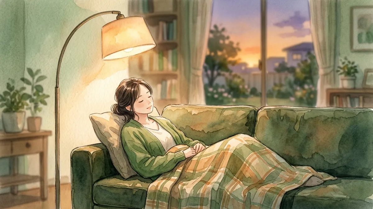 夕暮れの居間で、女性がソファにもたれ、ブランケットをかけて静かに休んでいる水彩画